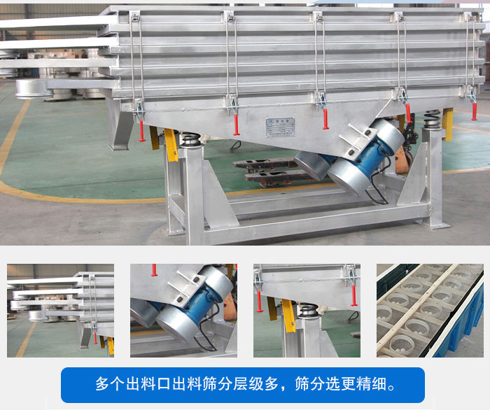 多層直線振動篩結(jié)構(gòu)優(yōu)勢：出料口多層選擇，振動電機，震動彈簧減輕振動體的磨損，彈跳球和擋球環(huán)。