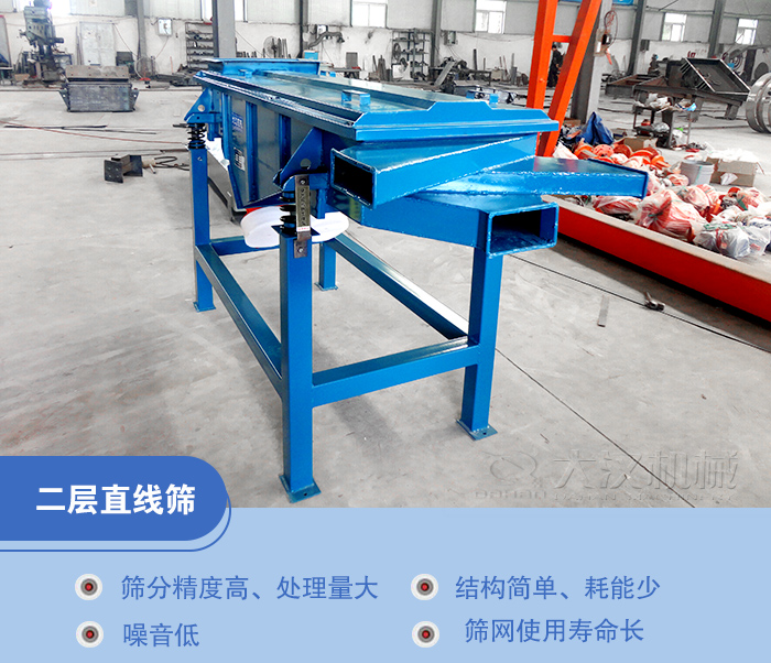 兩層直線振動篩是兩層篩網三個出料口能夠同時滿足物料三種不同顆粒大小的篩分。
